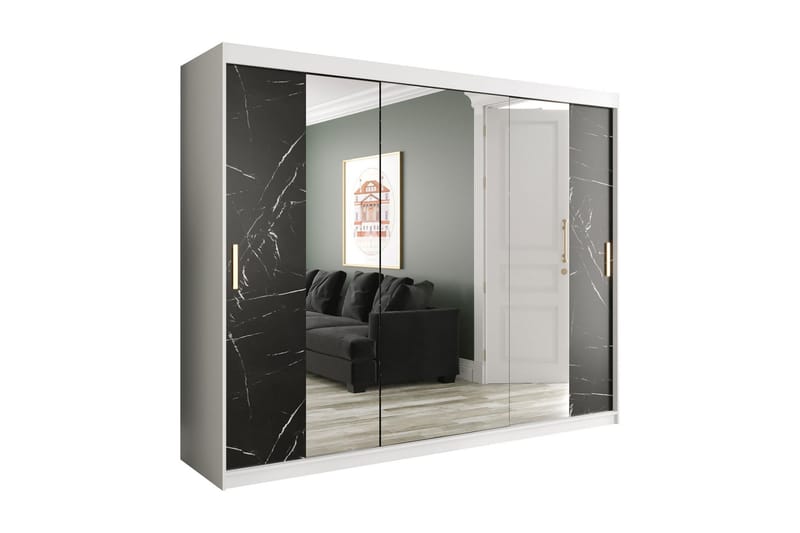 Marmuria Garderob med Speglar Kant 250 cm Marmormönster - Vit/Svart - Förvaring - Klädförvaring - Garderob & garderobssystem
