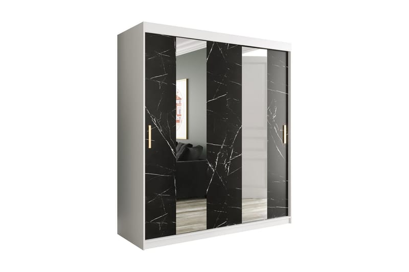 Marmuria Garderob med Speglar Mitt 180 cm Marmormönster - Vit/Svart/Guld - Förvaring - Klädförvaring - Garderob & garderobssystem
