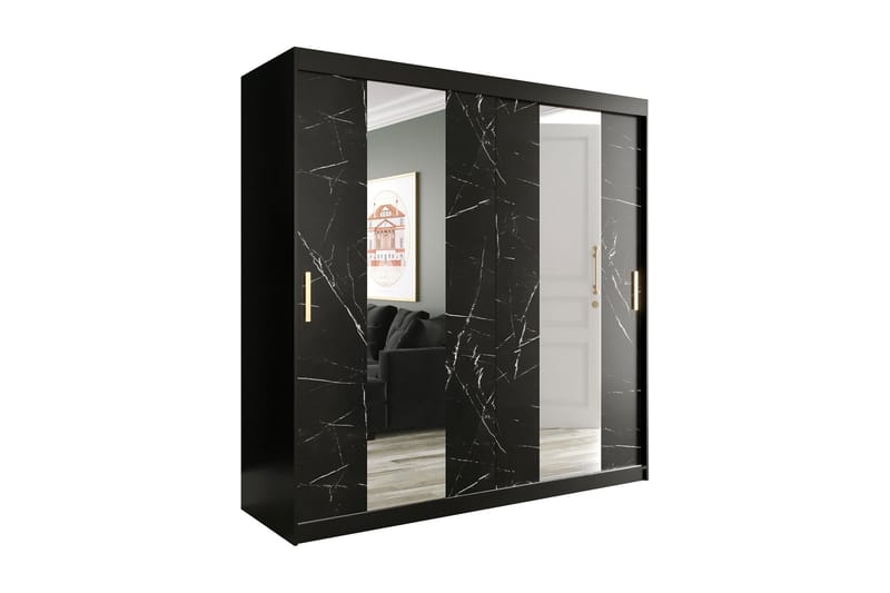 Marmuria Garderob med Speglar Mitt 200 cm Marmormönster - Svart - Förvaring - Klädförvaring - Garderob & garderobssystem
