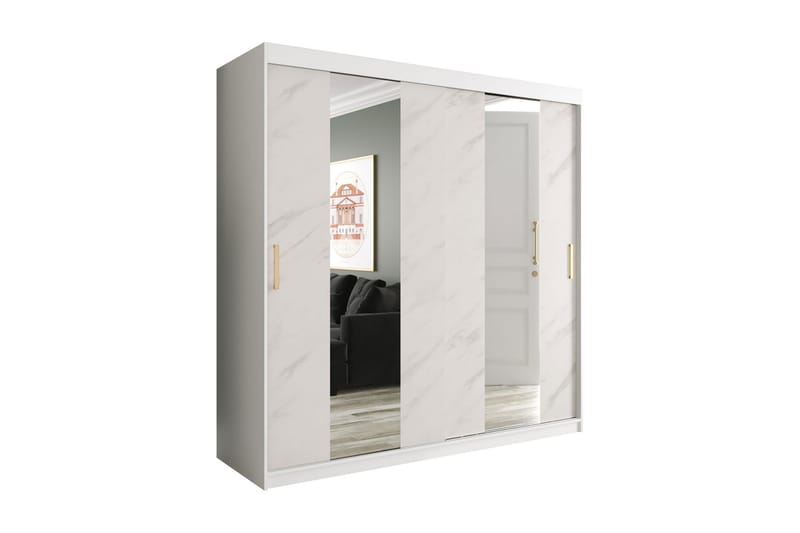 Marmuria Garderob med Speglar Mitt 200 cm Marmormönster - Vit/Guld - Förvaring - Klädförvaring - Garderob & garderobssystem