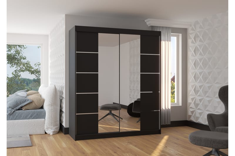 Travesio Garderob med Spegel 180x215 cm - Svart - Förvaring - Klädförvaring - Garderob & garderobssystem
