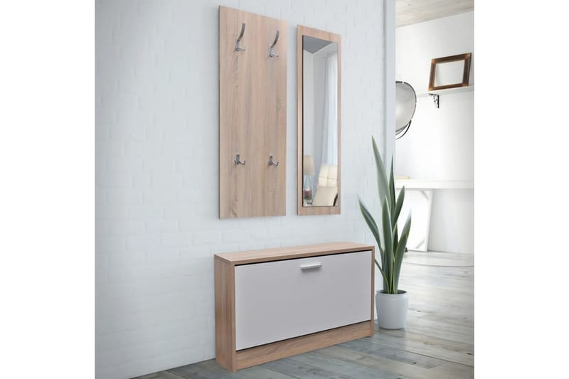 Skoskåp 3-i-1 med spegel och hängare ek vit - Brun - Förvaring - Klädförvaring - Garderob & garderobssystem