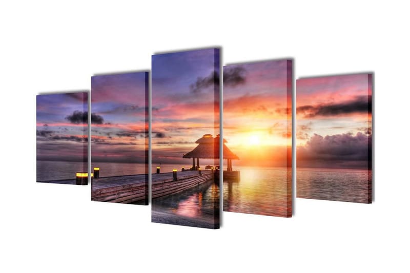 Uppsättning väggbonader på duk: strand med palm 200x100 cm - Flerfärgad - Inredning - Tavlor & konst - Canvastavlor