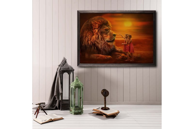 Girls Looking At Lion Foto Orange - 70x50 cm - Inredning - Tavlor & konst - Posters & prints - Djur poster