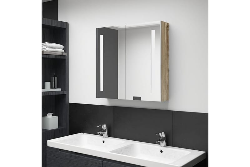 Badrumsskåp med spegel LED vit och ek 62x14x60 cm - Vit - Hus & renovering - Kök & bad - Badrum - Badrumsmöbler & badrumsinredning - Spegelskåp badrum