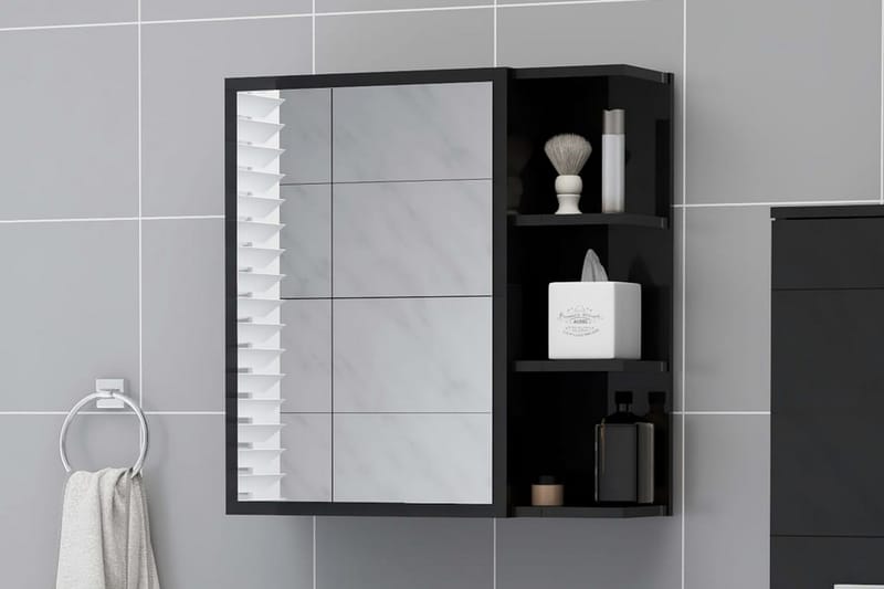 Spegelskåp för badrum svart högglans 62,5x20,5x64 cm spånski