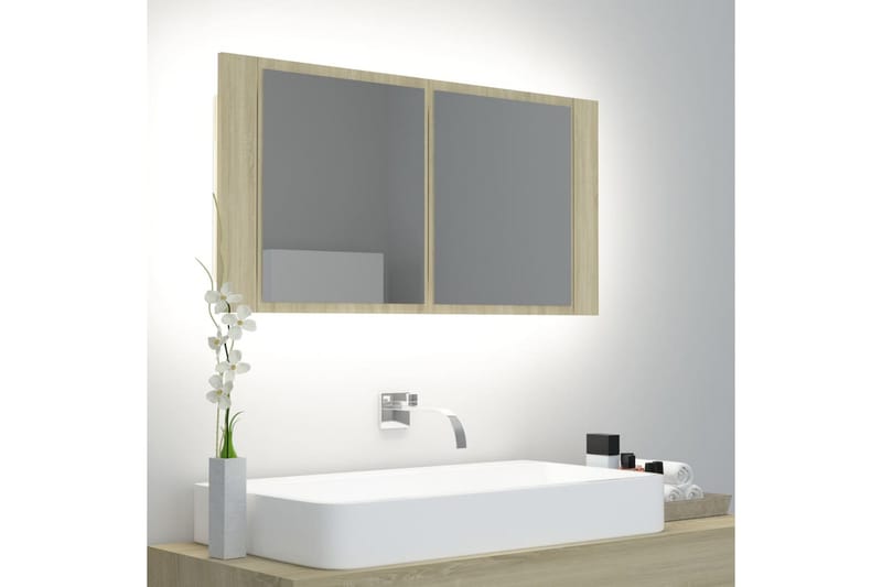 Spegelskåp med LED sonoma-ek 90x12x45 cm - Brun - Hus & renovering - Kök & bad - Badrum - Badrumsmöbler & badrumsinredning - Spegelskåp badrum