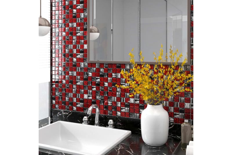 Mosaikplattor 11 st svart och röd 30x30 cm glas - Flerfärgad - Hus & renovering - Kök & bad - Kakel & klinker - Mosaik - Glasmosaik