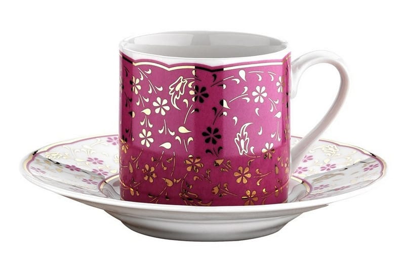 Kütahya Kaffeservis 12 Delar Porslin - Vit/Rosa/Guld - Hushåll - Servering & Dukning - Muggar & koppar - Kaffekopp & kaffemugg