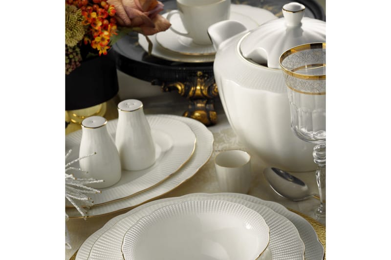 Kütahya Middagsservis 83 Delar Porslin - Vit/Guld - Hushåll - Servering & Dukning - Tallrikar & skålar