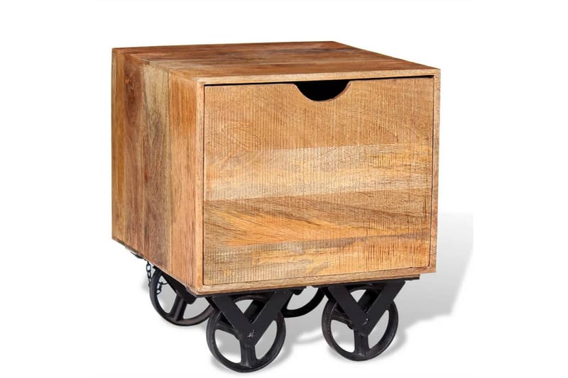 Sidobord med låda och hjul massivt mangoträ 40x40x45 cm - Brun - Möbler - Bord & matgrupper - Avlastningsbord - Brickbord & småbord