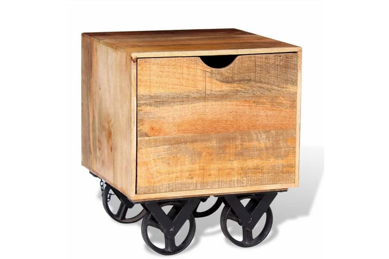 Sidobord med låda och hjul massivt mangoträ 40x40x45 cm - Brun - Möbler - Bord & matgrupper - Avlastningsbord - Brickbord & småbord