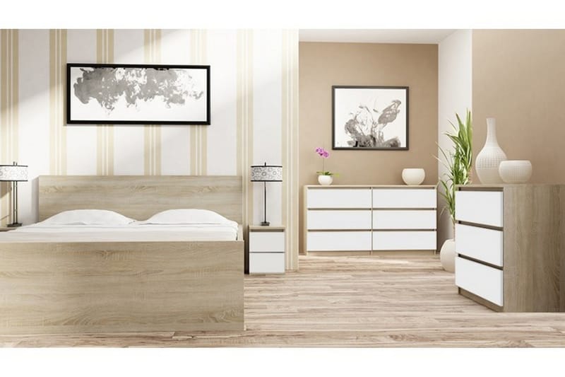 Malwadi Sängbord 30 cm med Förvaring 2 Lådor - Sonomaek/Vit - Möbler - Bord & matgrupper - Avlastningsbord & sidobord - Sängbord & nattduksbord