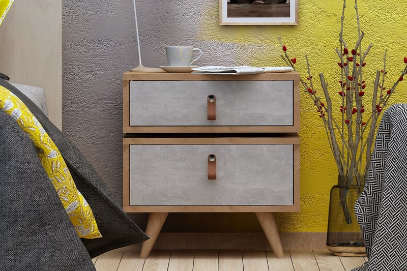 Mod Design Sängbord 50 cm med Förvaring Lådor Läderbeslag - Trä/Vit - Förvaring - Förvaringsmöbler - Byrå