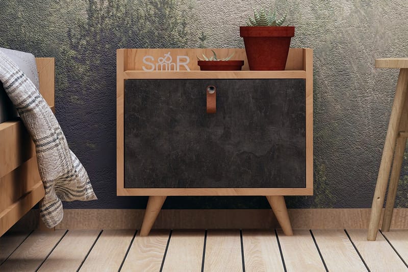 Mod Design Sängbord 50 cm med Förvaring Skåp Läderbeslag - Grå/Trä - Möbler - Bord & matgrupper - Avlastningsbord - Sängbord & nattduksbord