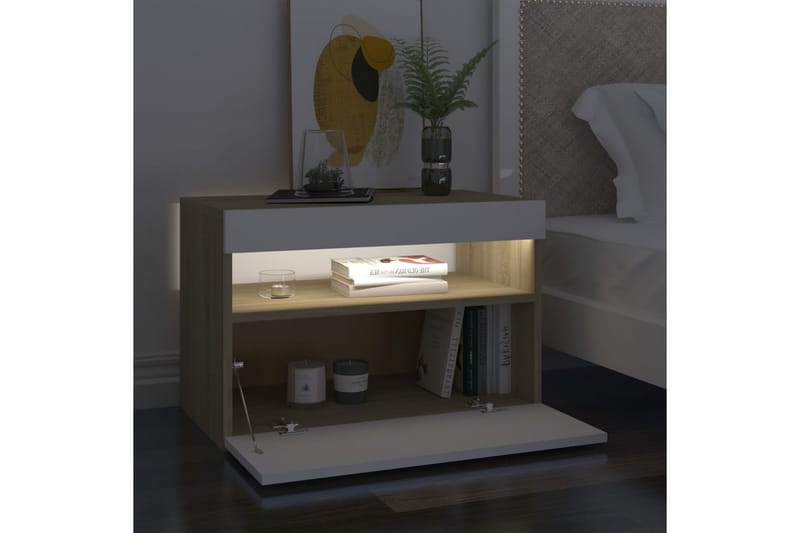 Sängbord med LED-belysning vit och sonoma-ek 60x35x40 cm - Vit - Möbler - Bord & matgrupper - Avlastningsbord & sidobord - Sängbord & nattduksbord