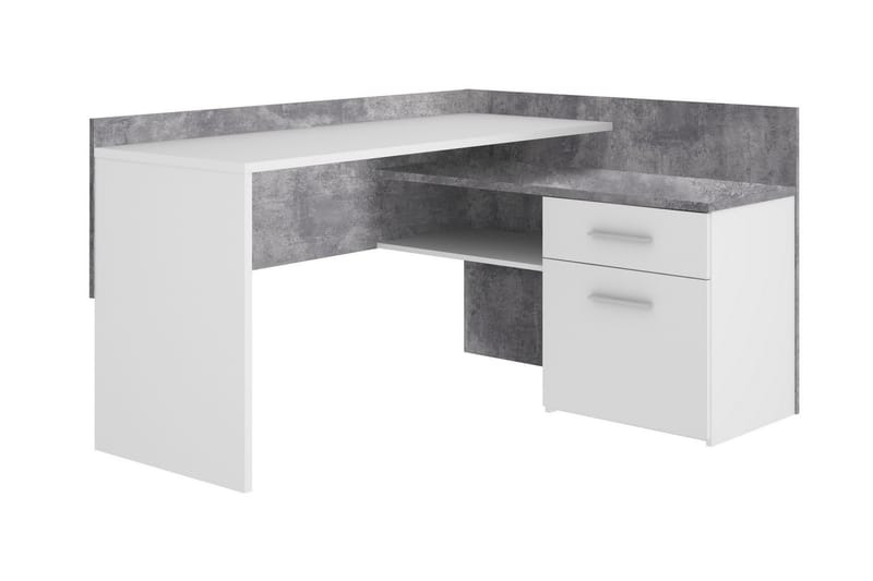 Bowlee Hörnskrivbord 112 cm med Förvaring Hyllor + Lådor - Vit/Betonggrå - Möbler - Bord & matgrupper - Kontorsbord - Skrivbord