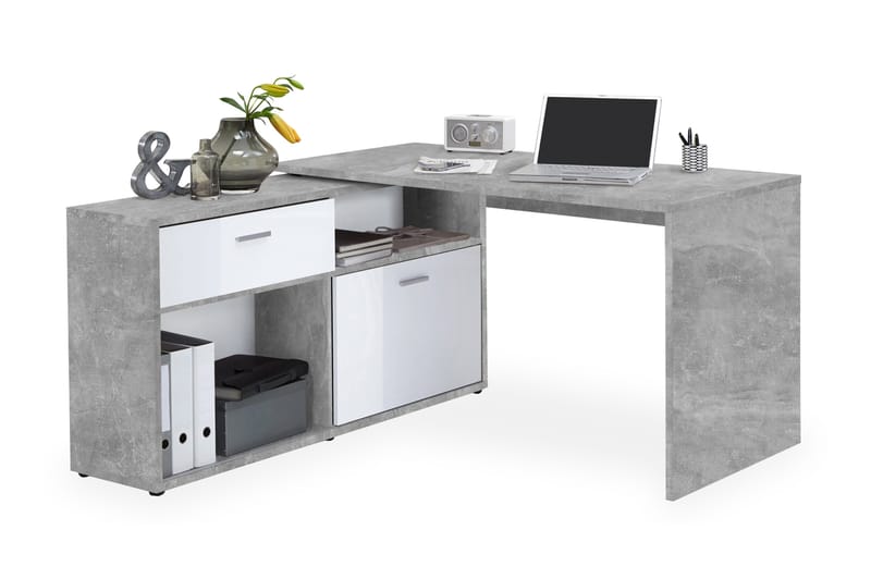 Diego Hörnskrivbord 138 cm med Justerbar Hylla - Vit/Betong - Möbler - Möbelset - Möbelset för kontor