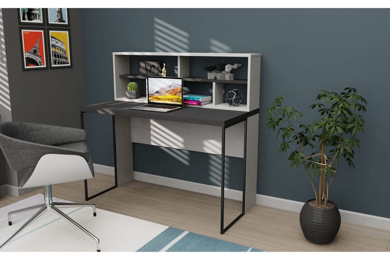 Andifli Skrivbord 59,6x114,2x120 cm med förvaring - Antracit/Vit - Möbler - Bord & matgrupper - Kontorsbord - Skrivbord