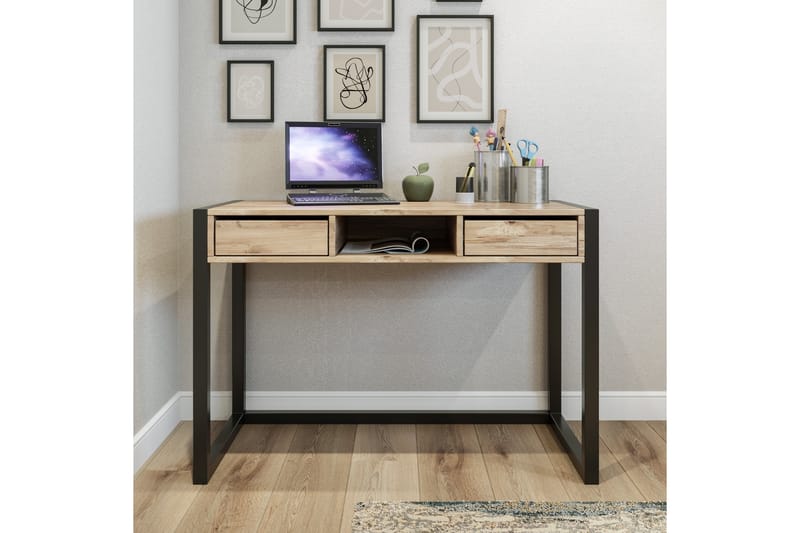 Corieon Skrivbord 115 cm med Förvaring Lådor + Hylla - Trä/Natur/Svart - Möbler - Bord & matgrupper - Kontorsbord - Skrivbord