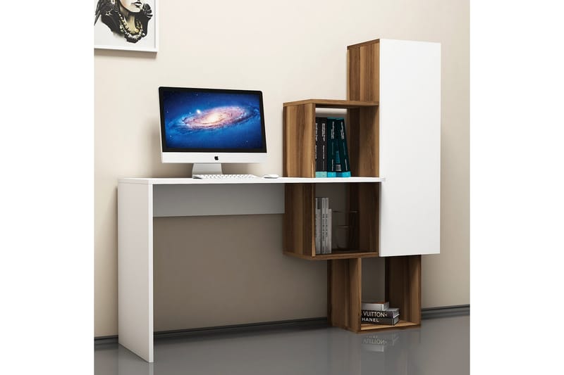 Hovdane Skrivbord 145 cm med Förvaring Hyllor + Skåp - Brun/Vit - Möbler - Bord & matgrupper - Kontorsbord - Skrivbord