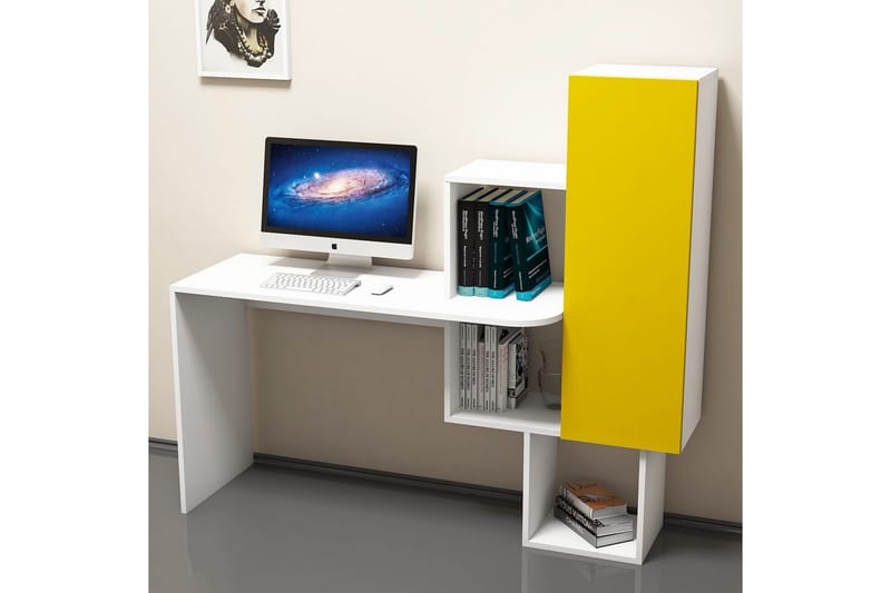 Hovdane Skrivbord 145 cm med Förvaring Hyllor + Skåp - Vit/Gul - Möbler - Bord & matgrupper - Kontorsbord - Skrivbord