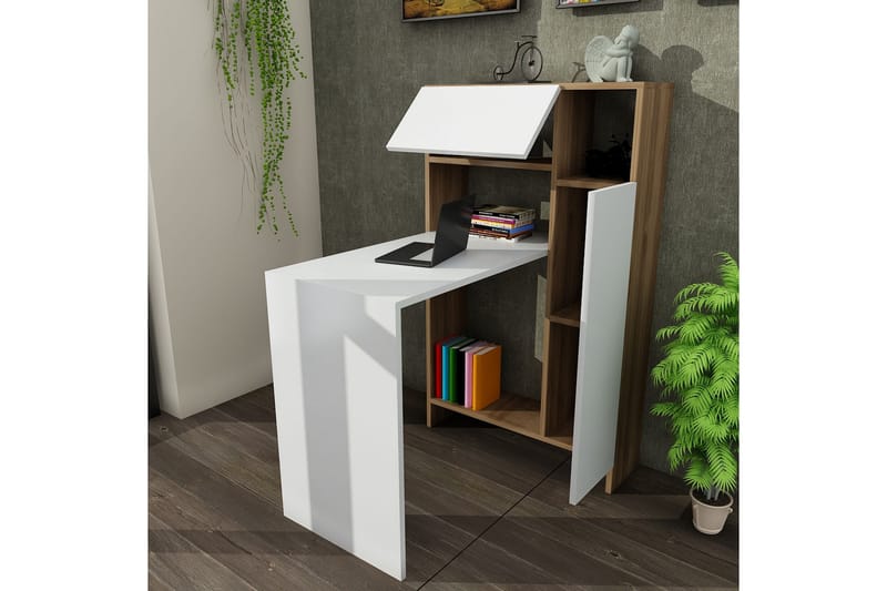 Mijara Skrivbord 90 cm med Förvaring Hyllor+Skåp - Vit/Valnötsbrun - Möbler - Bord & matgrupper - Kontorsbord - Skrivbord