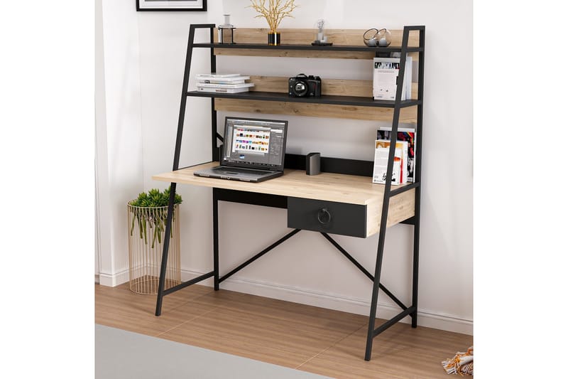 Stalmani Skrivbord 125 cm med Förvaring Låda + Hyllor - Natur/Svart - Möbler - Bord & matgrupper - Kontorsbord - Skrivbord