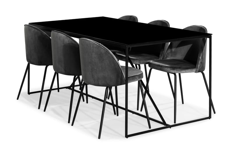 Indy Matgrupp med 6 Felipe Stol Sammet - Glas/Metall/Grå/Svart - Möbler - Bord & matgrupper - Matbord & köksbord