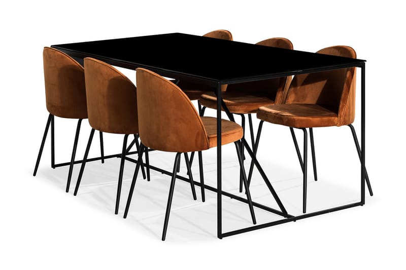 Indy Matgrupp med 6 Felipe Stol Sammet - Glas/Metall/Orange/Svart - Möbler - Bord & matgrupper - Matgrupper