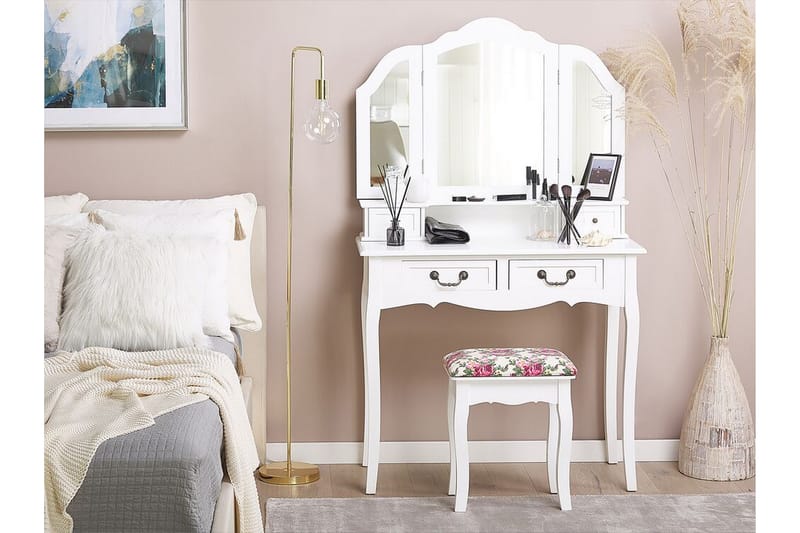 Fleurance Toalettbord 90 cm Fällbar Spegel + Pall - Vit - Möbler - Bord & matgrupper - Sminkbord & toalettbord