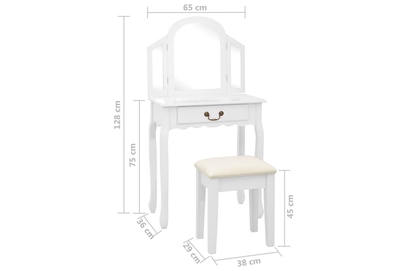 Sminkbord med pall vit 65x36x128 cm kejsarträ MDF - Vit - Möbler - Bord & matgrupper - Sminkbord & toalettbord