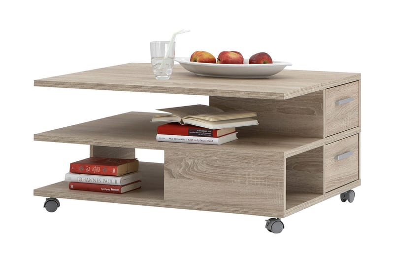 Esme Soffbord 92 cm med Förvaring Hyllor + Lådor på Hjul - Ekfärg - Möbler - Bord & matgrupper - Soffbord - Soffbord med förvaring