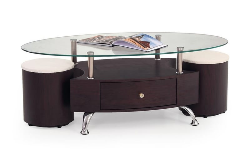 Feliciano Soffbord med Pallar 120 cm Ovalt m Förvaring Hylla - Glas/Körsbärsbrun - Möbler - Soffa - Hörnsoffa