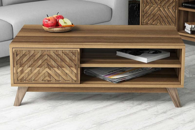 Hovdane Soffbord 105 cm med Förvaring 2 Hyllor Linjer + Skåp - Valnötsbrun - Möbler - Bord & matgrupper - Soffbord
