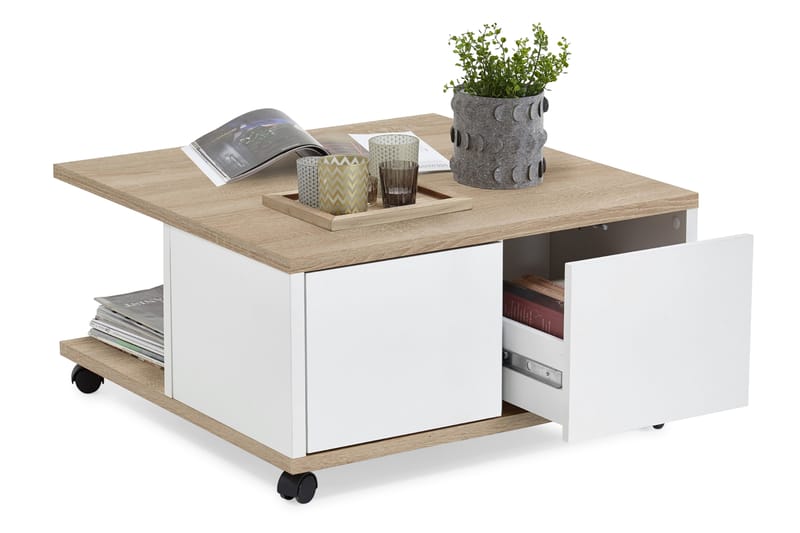 Twin Soffbord 70 cm med Förvaring Lådor på Hjul - Vit/Ljus Ekfärg - Möbler - Bord & matgrupper - Soffbord