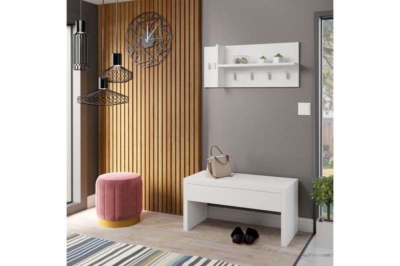 Samaran Hallmöbel med Förvaringsbänk + Klädkrokar - Vit - Möbler - Hallmöbler - Möbelset för hall & entre