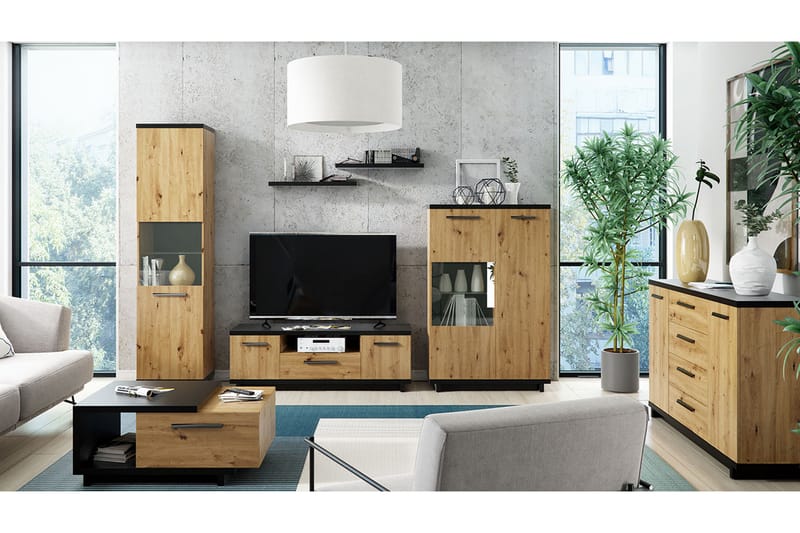 Ines Vardagsrumsset LED-belysning - Ek/Svart - Möbler - Möbelset - Möbelset för vardagsrum