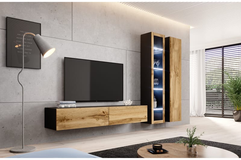 Vigia 3 Möbelset för Vardagsrum - Svart/Ekfärg - Möbler - Tv möbel & mediamöbel - Mediastativ & väggfäste - Väggfäste TV & stativ TV