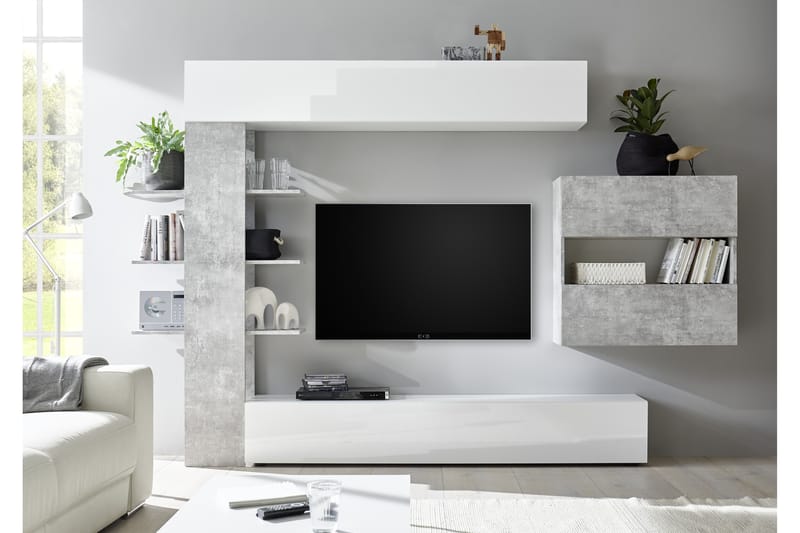 Sorano Elegant Väggkombination 295 cm - Vit/Grå - Möbler - Tv-möbler & mediamöbler - Mediastativ & väggfäste - Tv-stativ & Tv-väggfäste