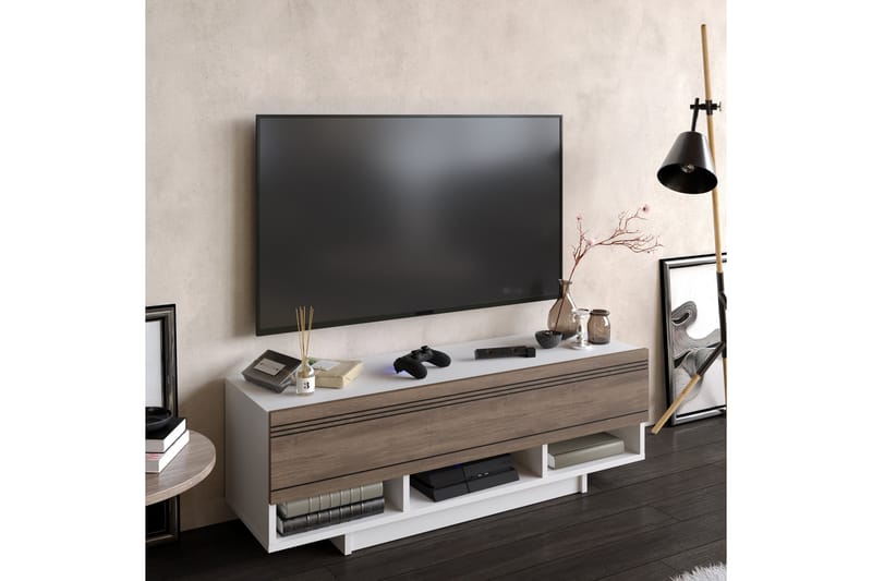 Kandaol Tv-bänk 120 cm Dörr + 6 Hyllor - Vit/Mörkbrun - Möbler - Bord & matgrupper - Soffbord