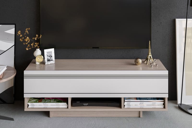 Kandaol Tv-bänk 120 cm Dörr + 6 Hyllor - Vit/Natur - Möbler - Tv möbel & mediamöbel - TV bänk & mediabänk