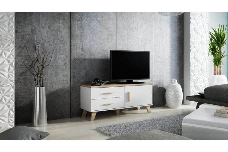 Lottana Tv-bänk 120x40x53 cm med Dörr + 2 Lådor - Vit/Sonomaek - Möbler - Tv möbel & mediamöbel - TV bänk & mediabänk