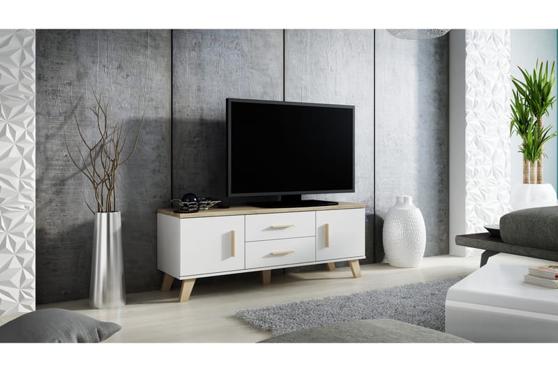 Lottana Tv-bänk 140x40x53 cm med 2 Dörrar + 2 Lådor - Vit/Sonomaek - Möbler - Tv möbel & mediamöbel - TV bänk & mediabänk