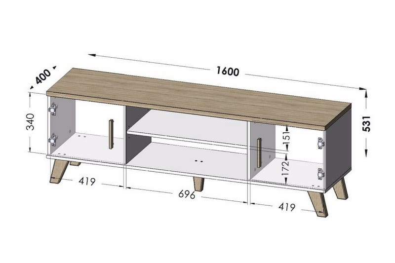 Lottana Tv-bänk 160x40x53 cm med 2 Dörrar + Hyllor - Ekfärg/Mattsvart - Möbler - Tv möbel & mediamöbel - TV bänk & mediabänk