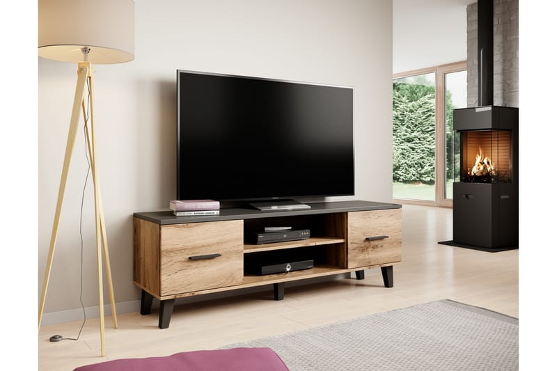 Lottana Tv-bänk 160x40x53 cm med 2 Dörrar + Hyllor - Ekfärg/Mattsvart - Möbler - Tv-möbler & mediamöbler - TV-bänk & mediabänk