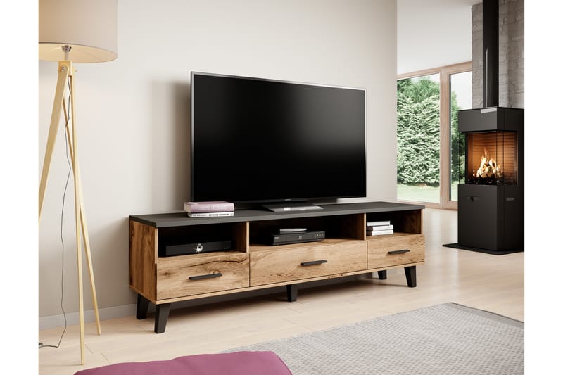 Lottana Tv-bänk 180x40x53 cm med 3 Hyllor + 3 Lådor - Ekfärg/Mattsvart - Möbler - Tv-möbler & mediamöbler - TV-bänk & mediabänk