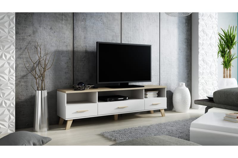 Lottana Tv-bänk 180x40x53 cm med 3 Hyllor + 3 Lådor - Vit/Sonomaek - Möbler - Tv möbel & mediamöbel - TV bänk & mediabänk