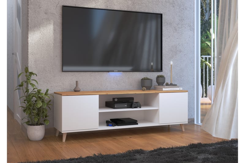 Petralia Tv-bänk 155 cm med 2 Dörrar - Vit/Trä - Möbler - Tv möbel & mediamöbel - TV bänk & mediabänk