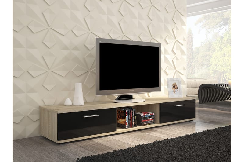 Sellia Tv-bänk 176 cm med 2 Lådor + Hylla - Sonomaek/Svart Högglans - Möbler - Tv möbel & mediamöbel - TV bänk & mediabänk